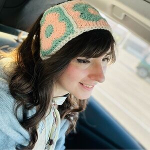 Handmade Crochet Floral Headband - Pink and Green